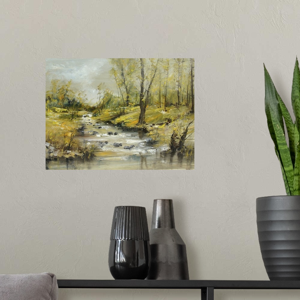 A modern room featuring Brook with stones, originally an oil painting, artistic background.