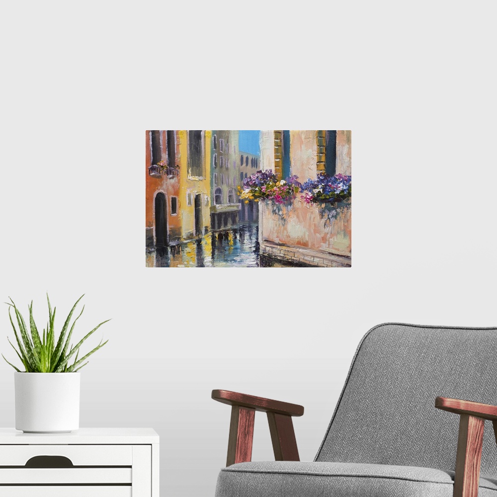 A modern room featuring Originally an oil painting of a canal in Venice, Italy. Famous tourist place, colorful impression...