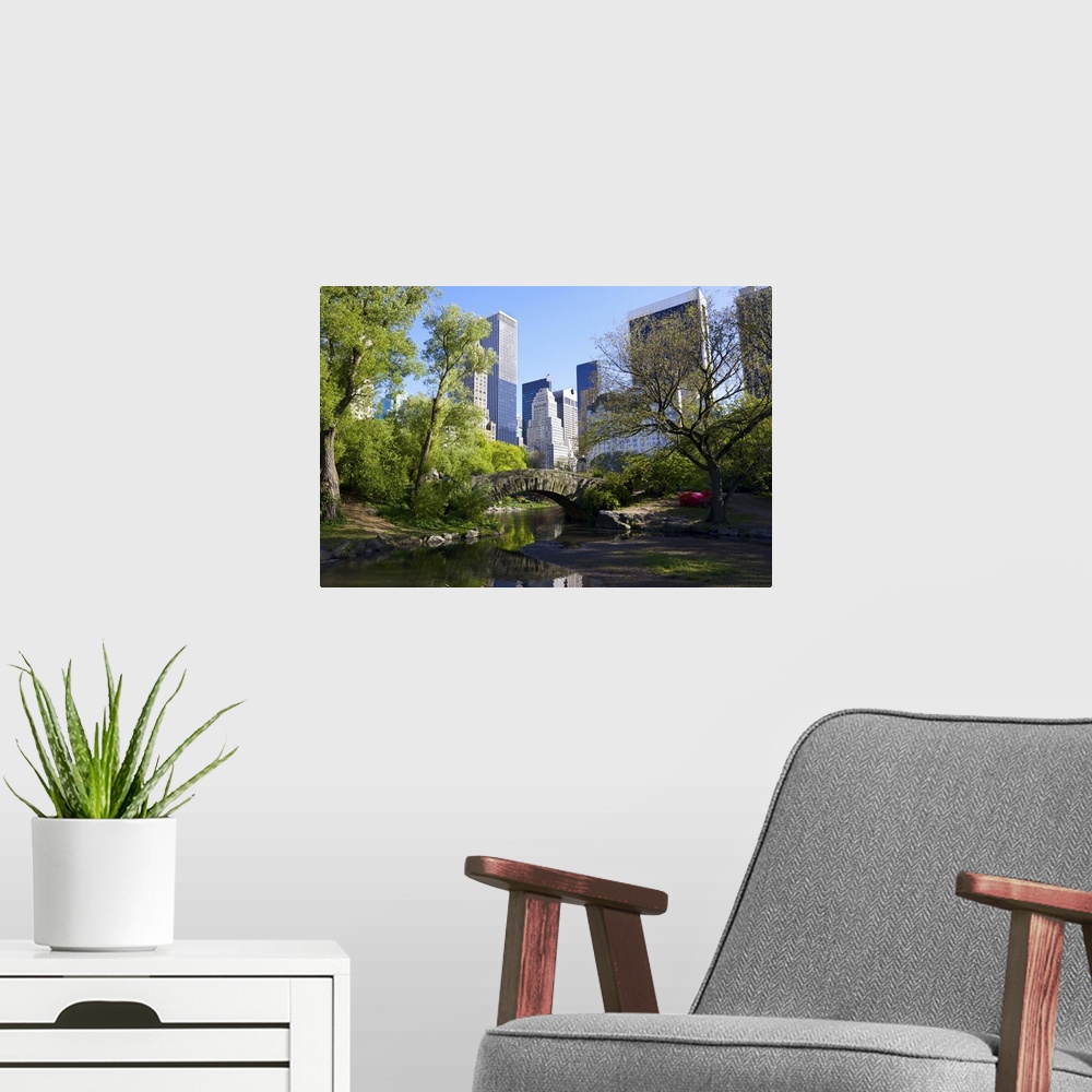 A modern room featuring Central Park and Manhattan skyline, New York City.