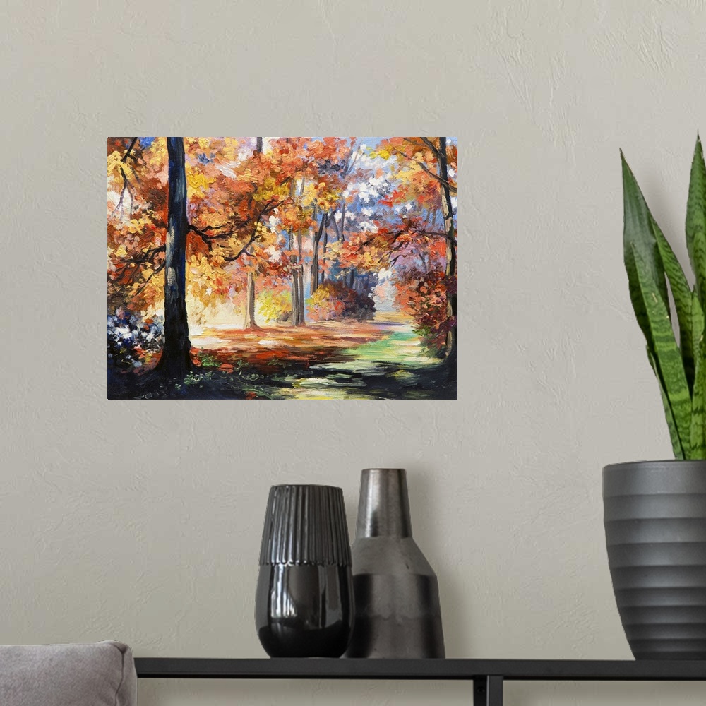 A modern room featuring Originally an oil painting landscape of a colorful autumn forest, beautiful river.