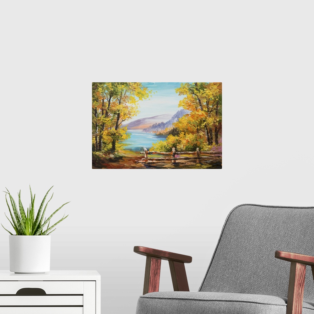A modern room featuring Originally an oil painting landscape of a colorful autumn forest, mountain lake, impressionism.
