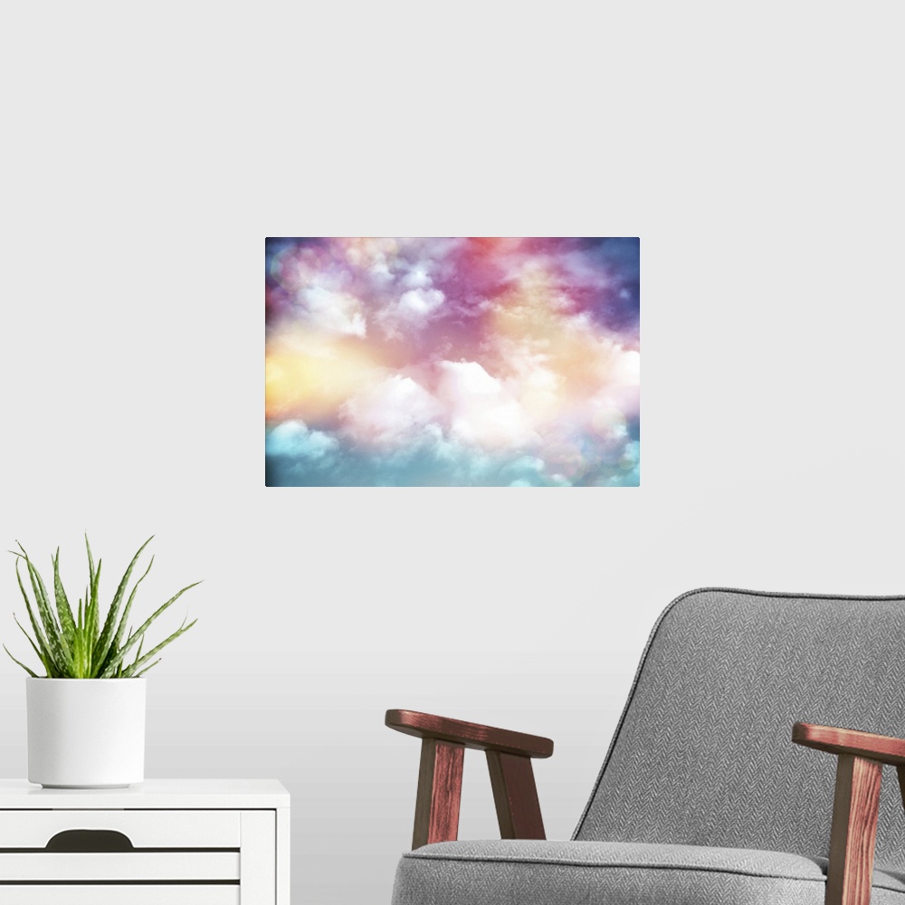 A modern room featuring Colorful clouds with lens flare.