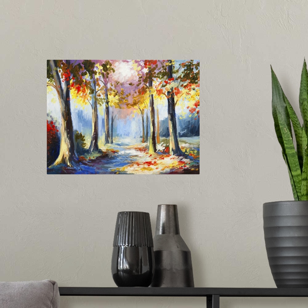 A modern room featuring Originally an oil painting of a colorful spring landscape, road in the forest.