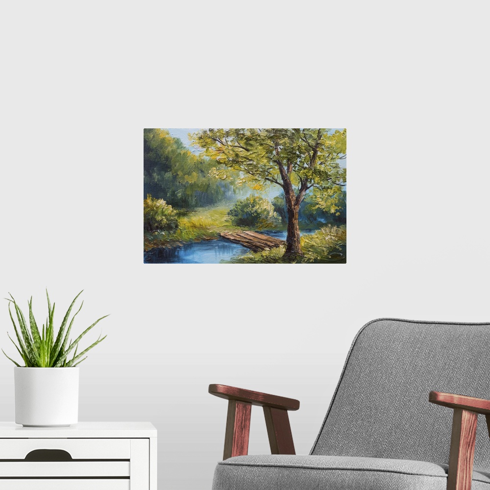 A modern room featuring Originally an oil painting landscape of colorful summer forest, beautiful river.