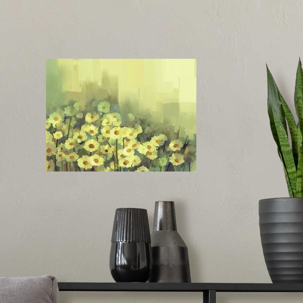 A modern room featuring Originally an oil painting of daisy-chamomile flowers field background.