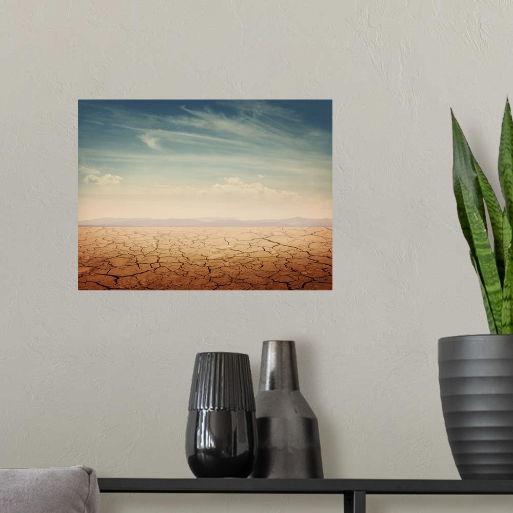 A modern room featuring Desert landscape background - global warming concept.