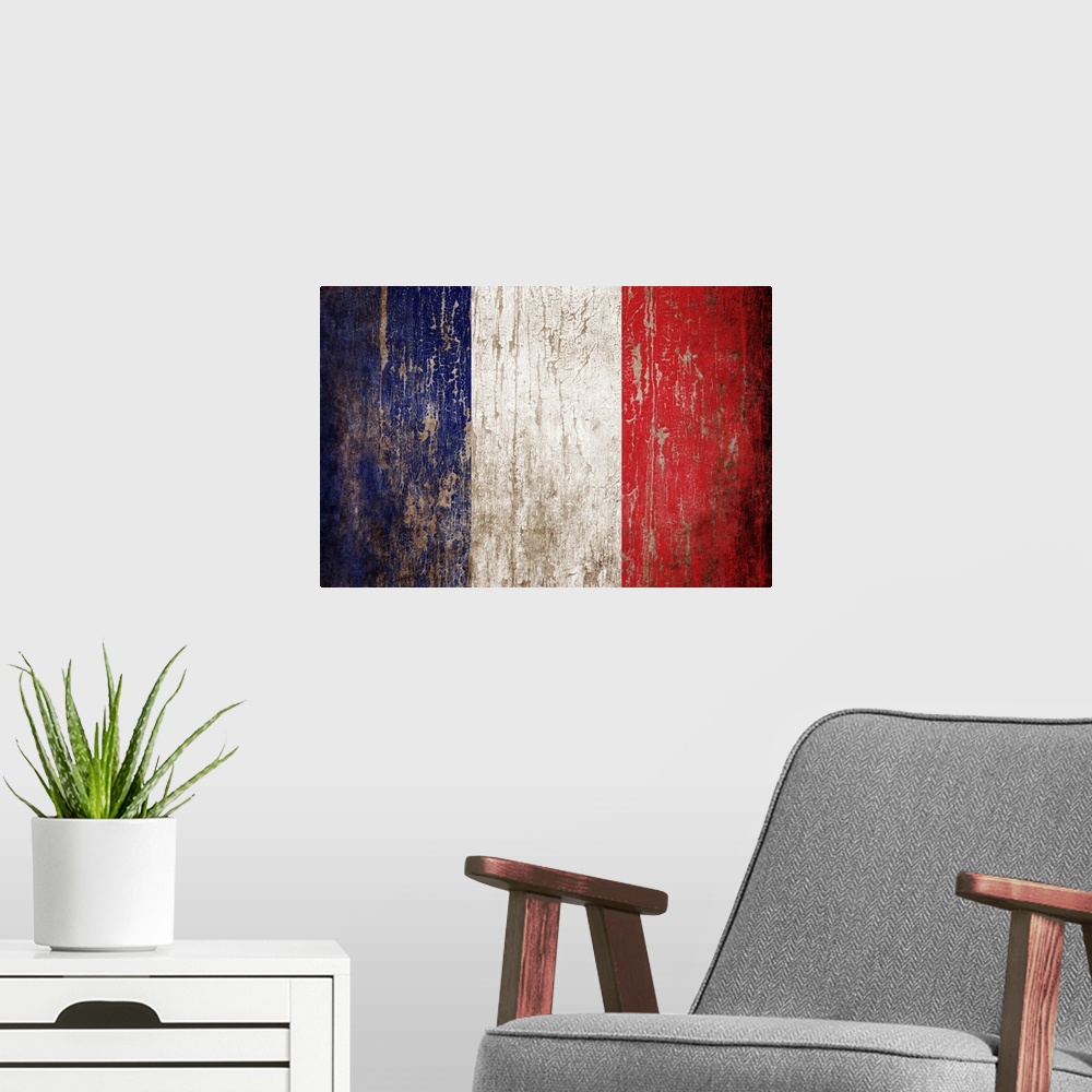 A modern room featuring Grunge textured flag of France.