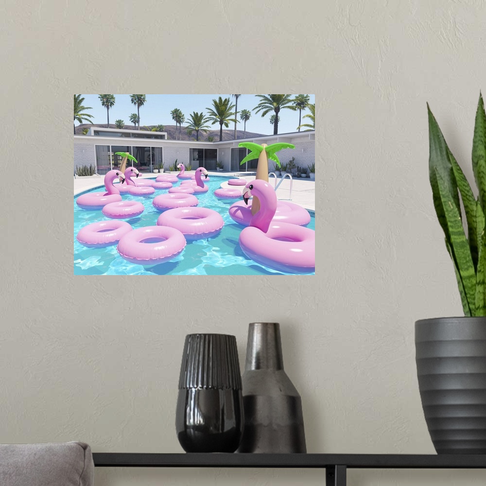 A modern room featuring Flamingo Floats In A Pool