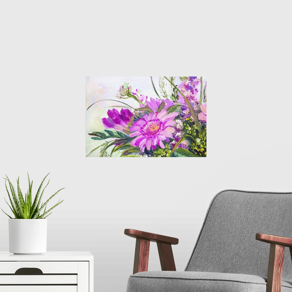 A modern room featuring Flowers, originally an oil painting on canvas.