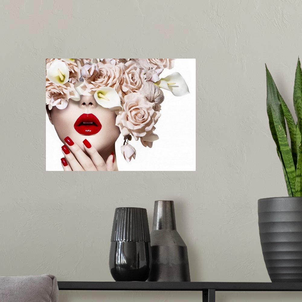 A modern room featuring Vogue style model girl face with roses. Red sexy lips and nails.