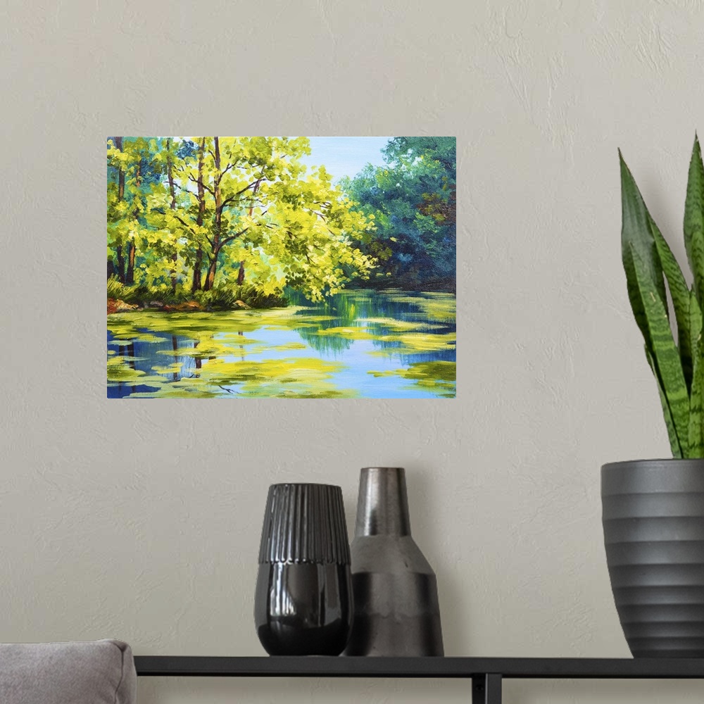 A modern room featuring Originally an oil painting landscape of lake in the forest, summer day.