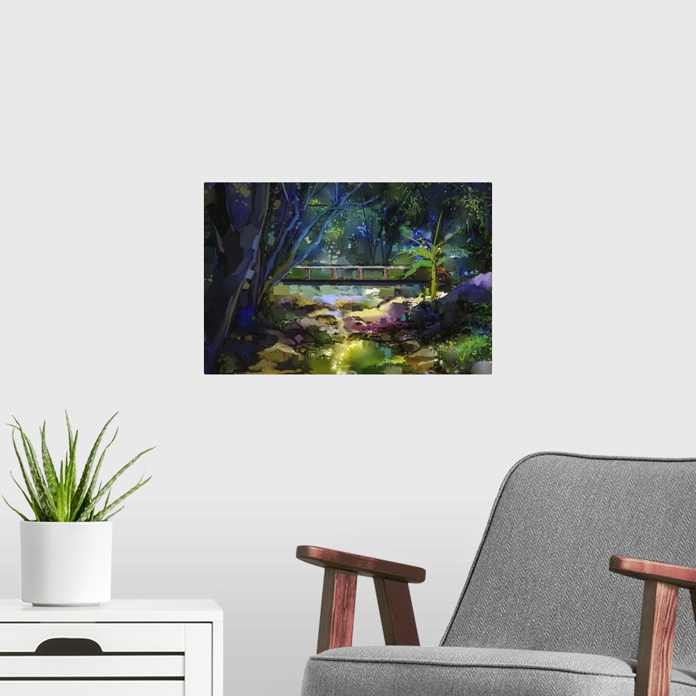 A modern room featuring Originally an oil painting landscape with wooden bridge over creek in forest. Originally hand pai...
