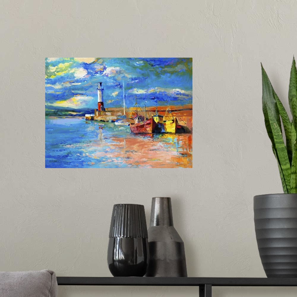 A modern room featuring Originally an oil painting of lighthouse and boats on canvas. Rich golden sunset over ocean. Mode...