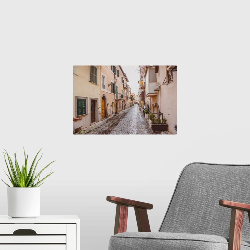 A modern room featuring Narrow Street With Buildings In Castel Gandolfo, Rome Suburb, Italy