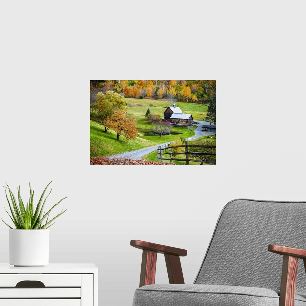A modern room featuring Fall foliage, New England countryside at Woodstock, Vermont, farm in autumn landscape. Old wooden...