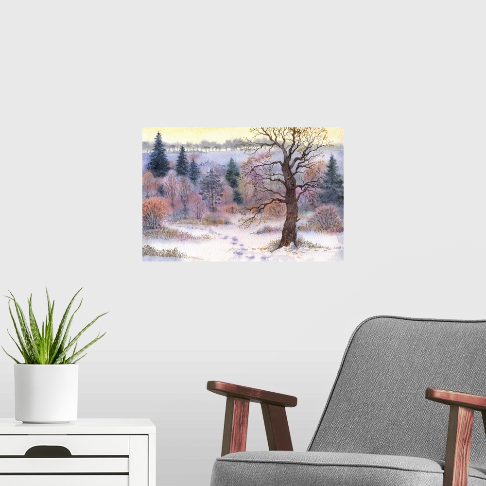 A modern room featuring Watercolor landscape of an old tall oak in a forest clearing in the winter snow valley.