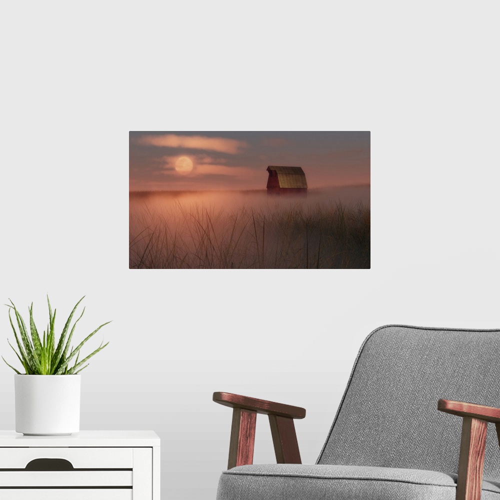 A modern room featuring Old agricultural barn in a misty field at sunrise or sunset with the glow lighting up the low lyi...