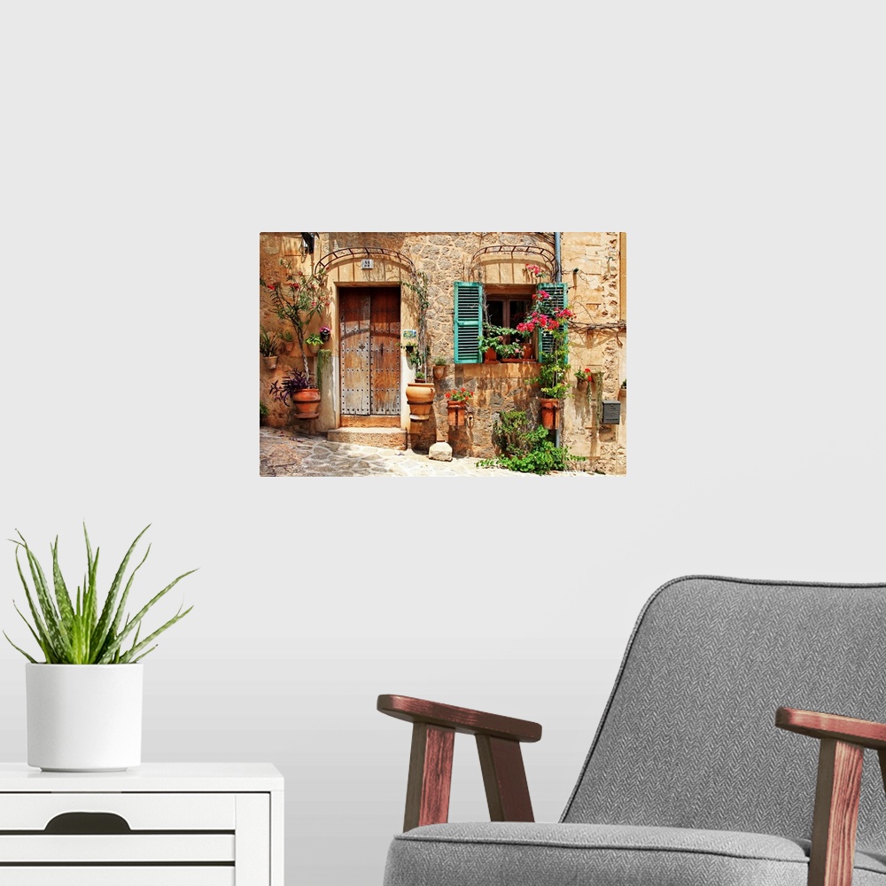 A modern room featuring Old charming streets, Spain, Valdemossa village.