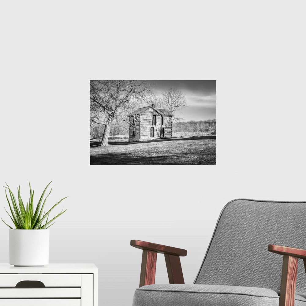 A modern room featuring Black and white image of an old homestead Harrison co. Ky.