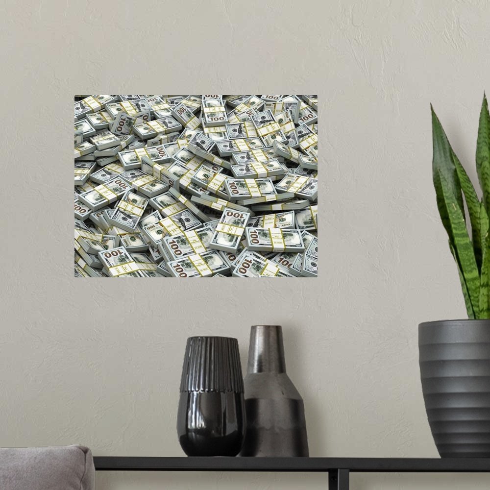 A modern room featuring Packs of dollars background. Lots of cash money. 3D.