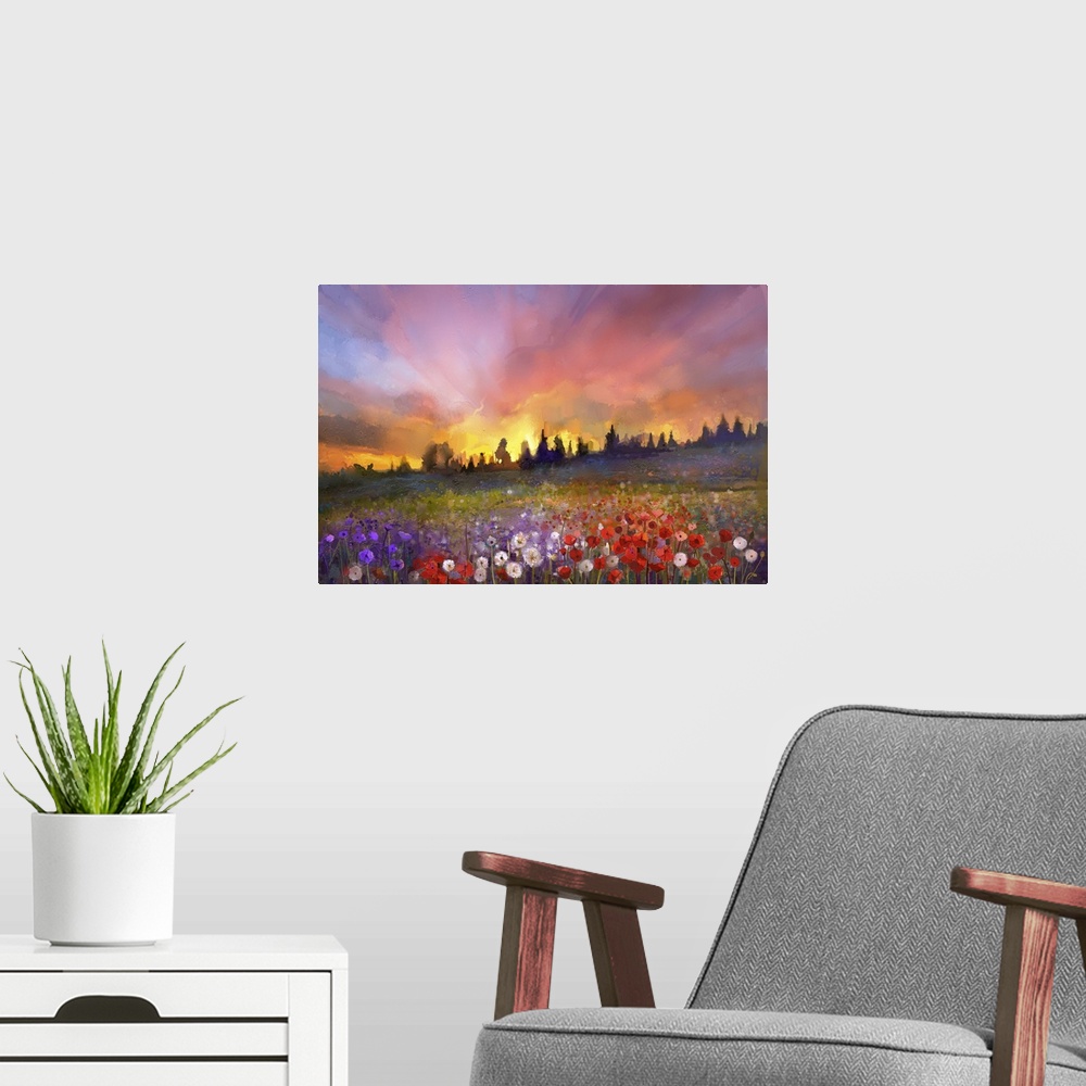 A modern room featuring Originally an oil painting of poppy, dandelion, daisy flowers in fields. Sunset meadow landscape ...