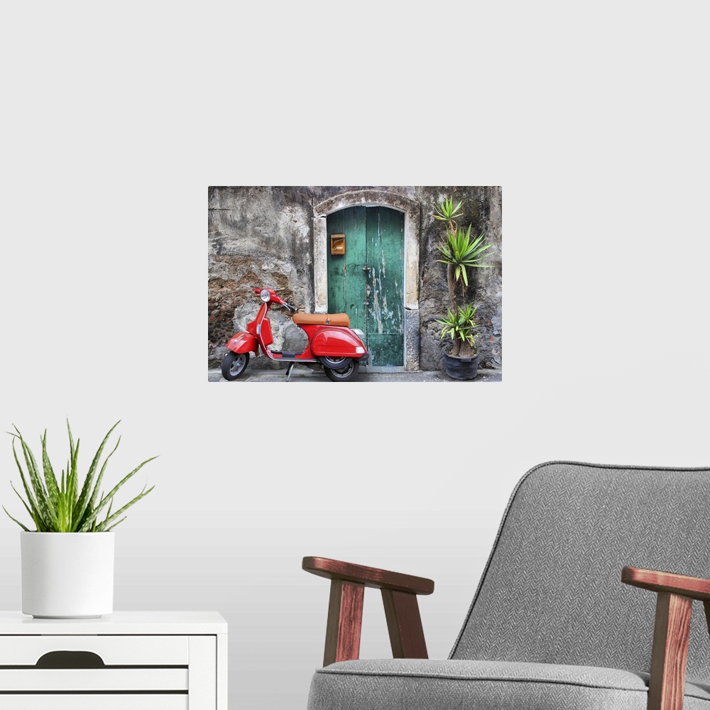 A modern room featuring Photo of red scooter near green door and palm.