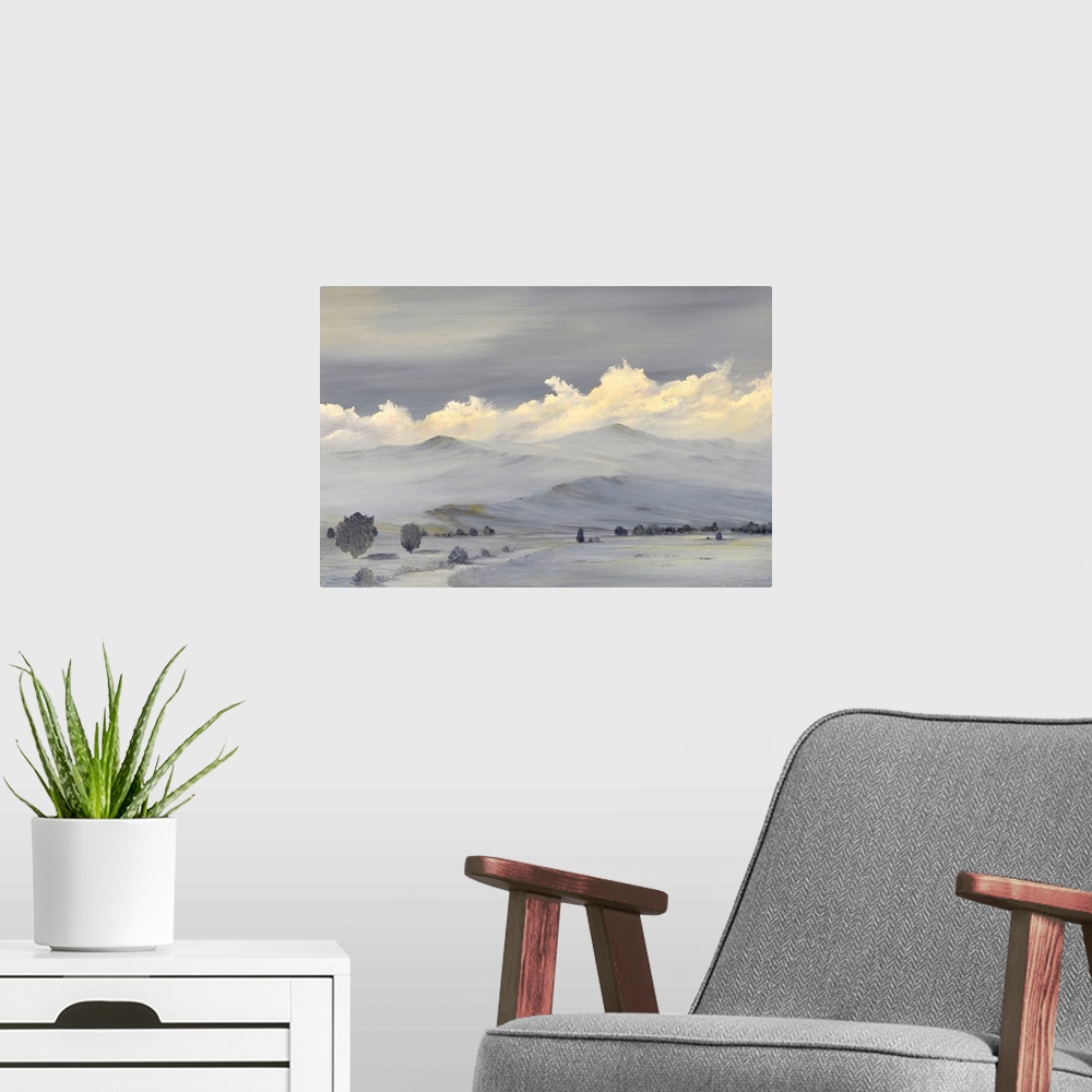 A modern room featuring Originally an oil painting of the Sierra Nevada Mountain Range.