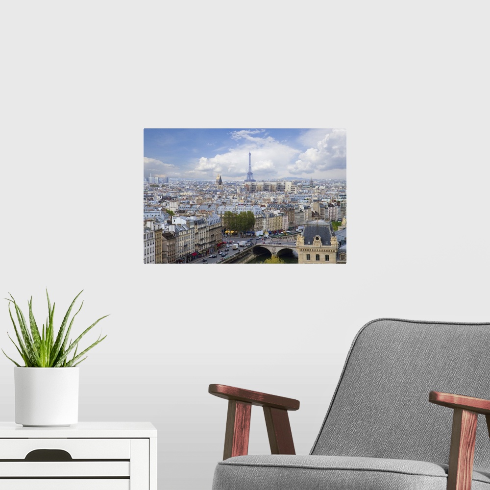 A modern room featuring Skyline of Paris city with blue sky, France.