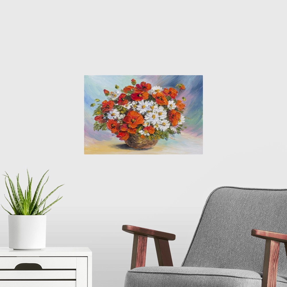 A modern room featuring Originally an oil painting of still life. Originally an abstract watercolor bouquet of poppies an...