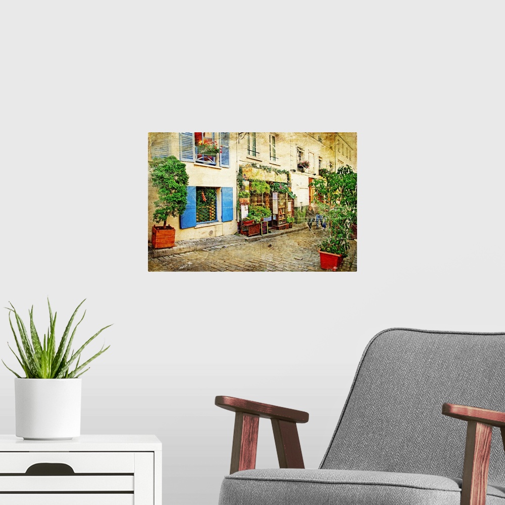 A modern room featuring Streets of old Montmartre, Paris, in a watercolor style.