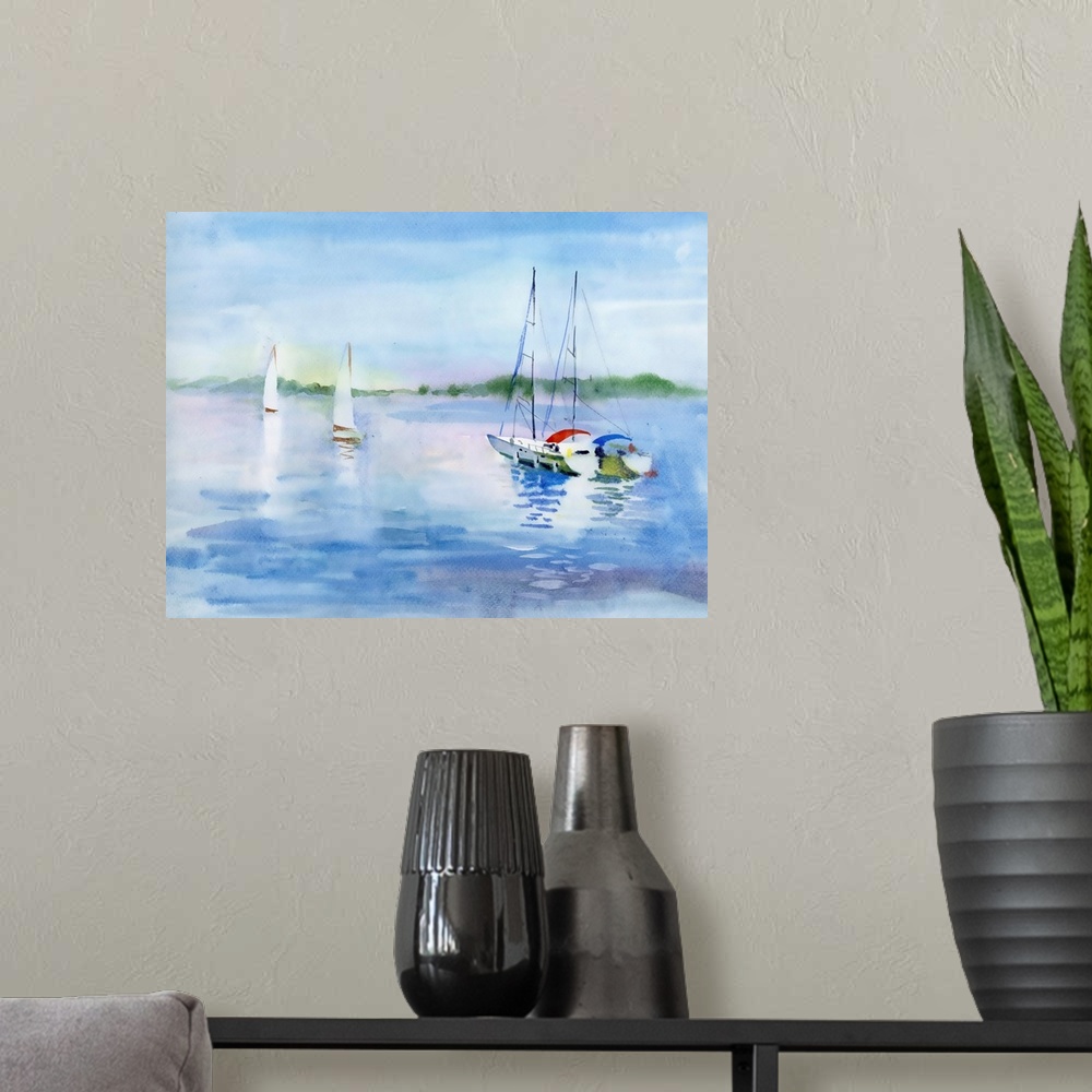 A modern room featuring Originally a watercolor summer landscape with sailboats.
