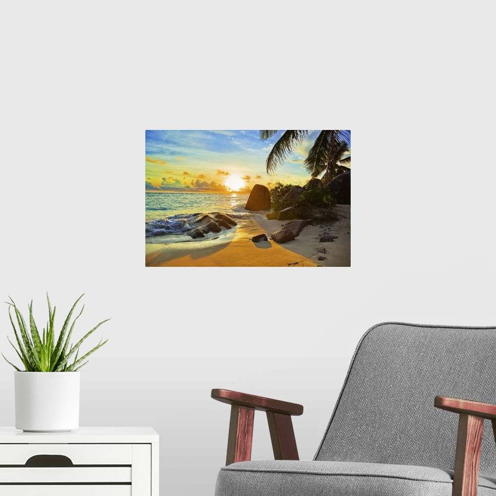 A modern room featuring Tropical beach at sunset - nature background.