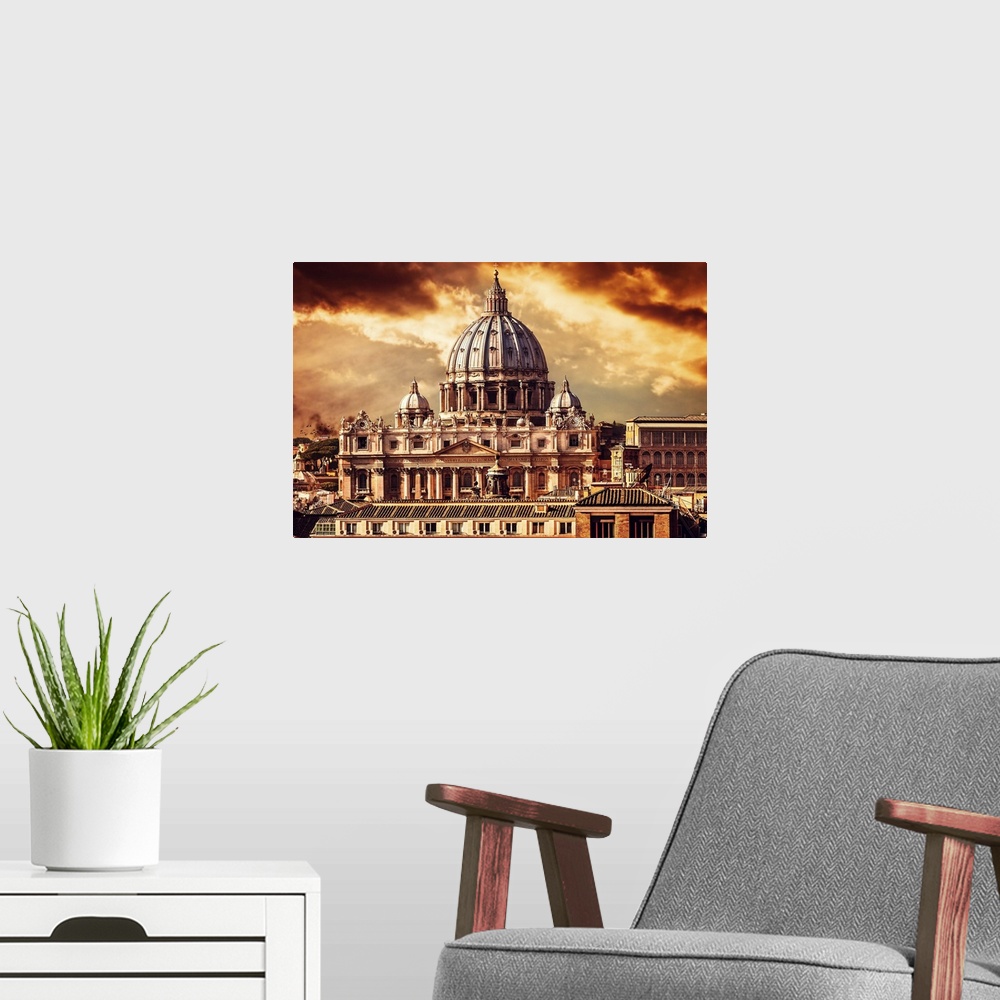 A modern room featuring Beautiful cityscape of the Vatican city by sunset.