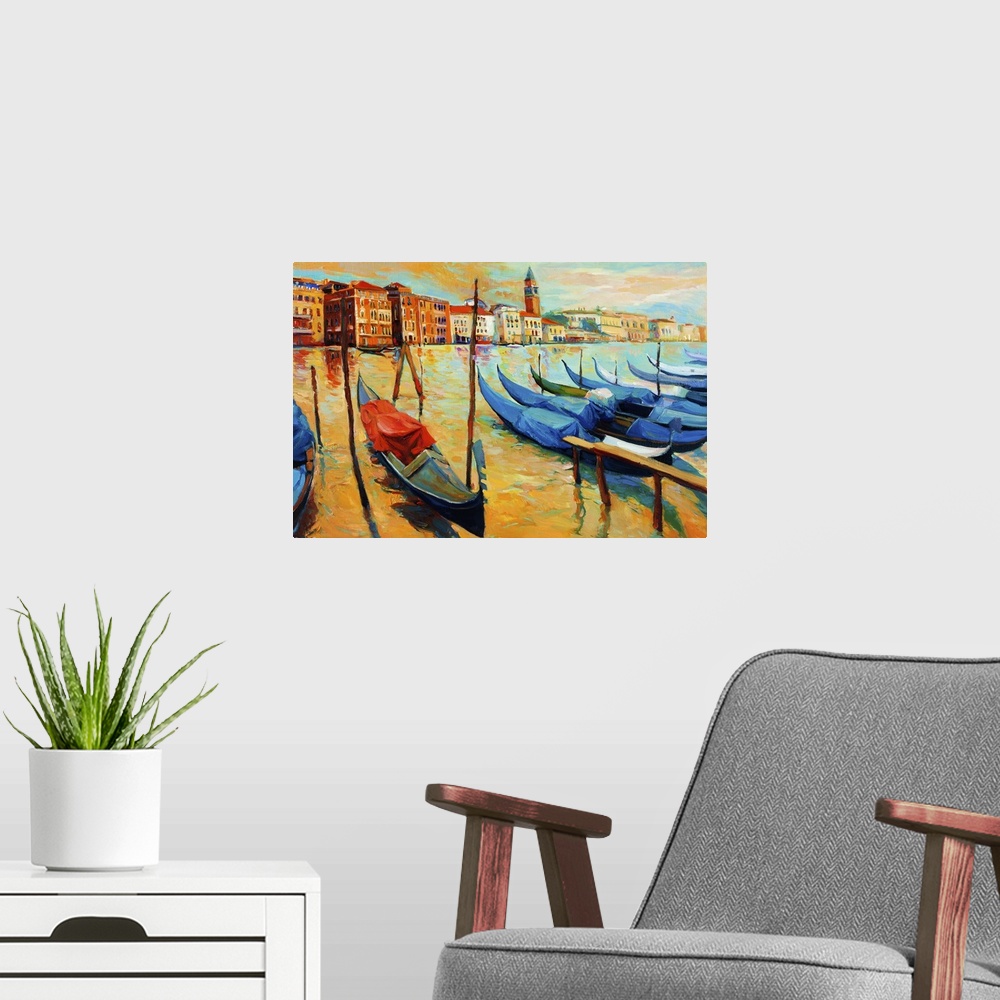 A modern room featuring Originally an oil painting of beautiful Venice, Italy at sunset. Gondolas and houses. Modern impr...