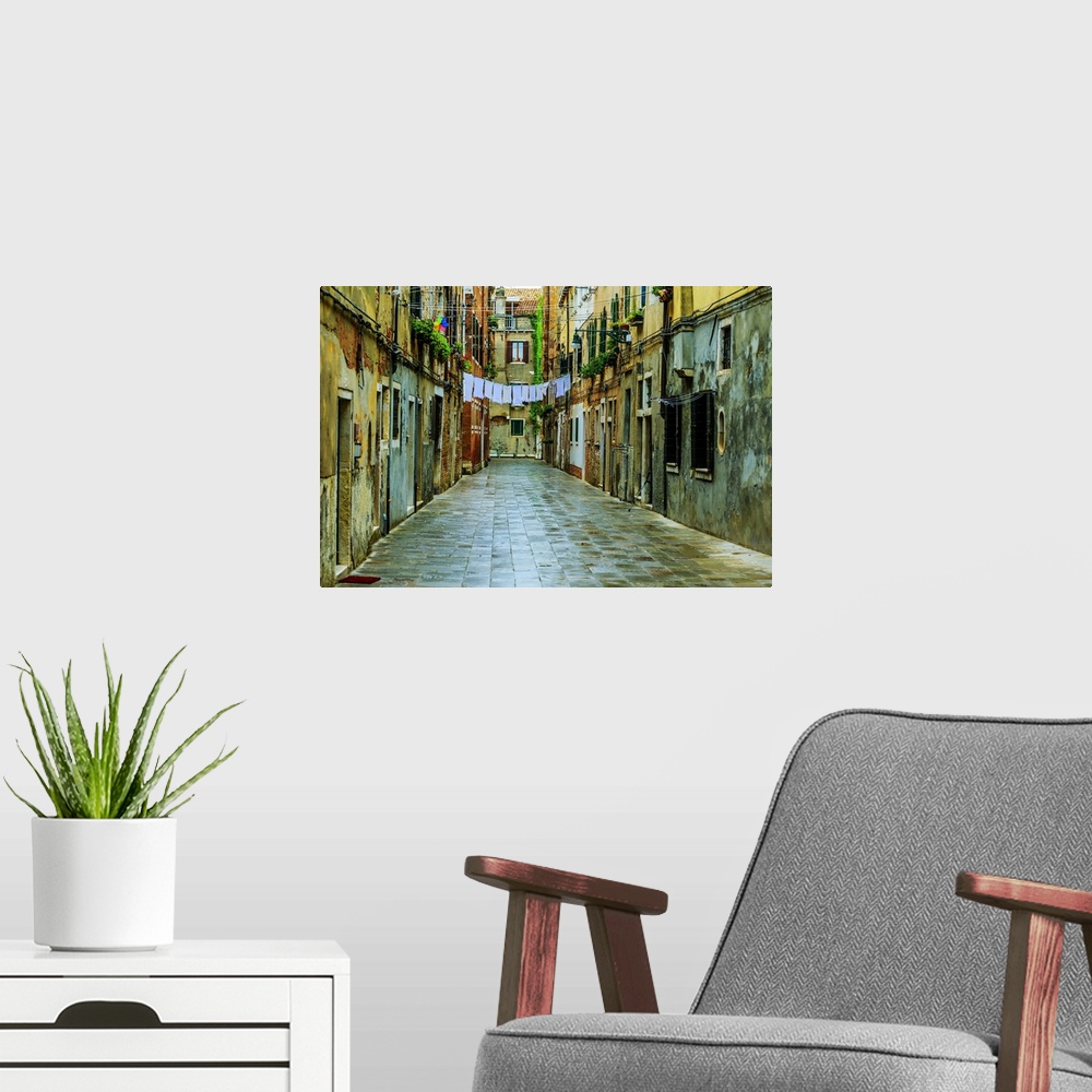 A modern room featuring Venice, Italy - old street and historic tenements.