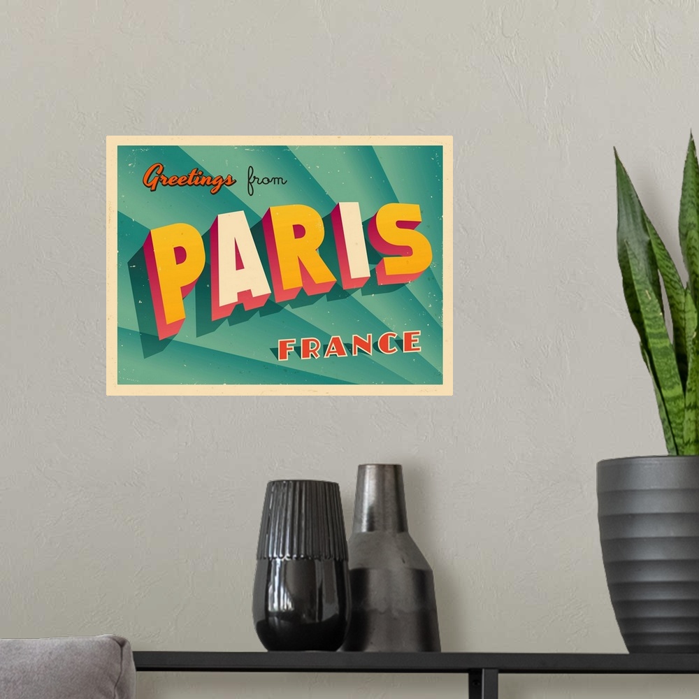 A modern room featuring Vintage touristic greeting card - Paris, France.