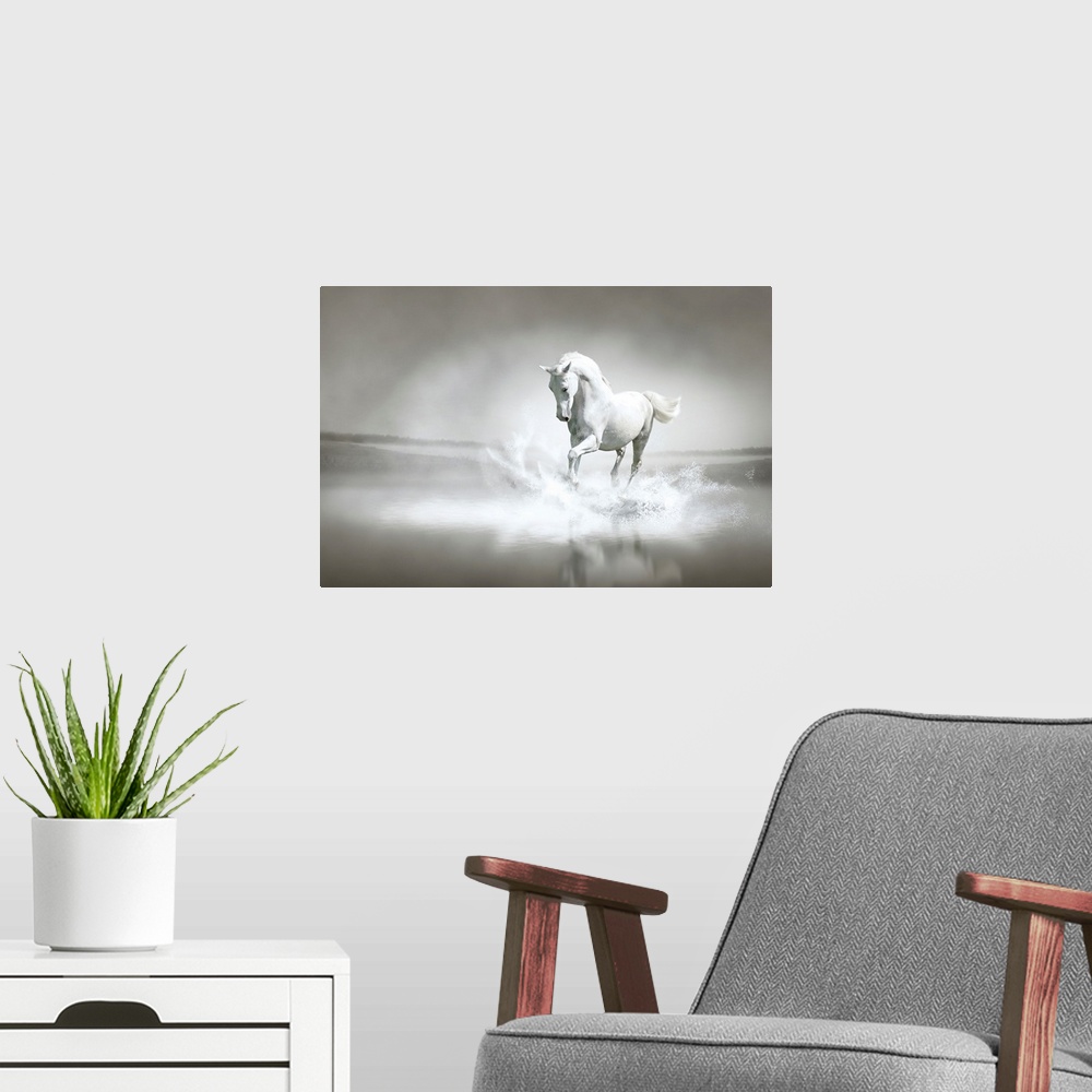 A modern room featuring White Horse Running Through Water