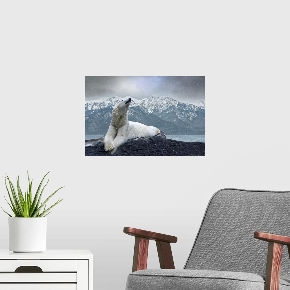 A modern room featuring White polar bear on the ice.