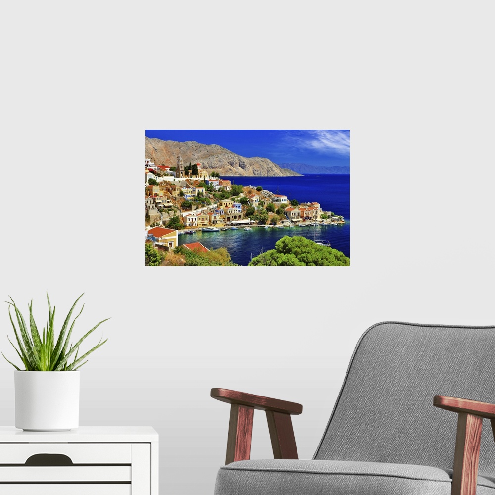 A modern room featuring Pictorial Greek islands, Symi.