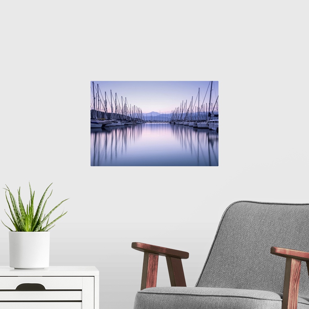 A modern room featuring Large yacht harbor in purple sunset light, luxury summer cruise, sailboats in sunrise, leisure ti...