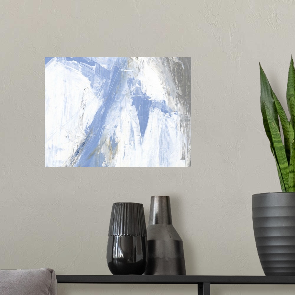 A modern room featuring A contemporary abstract painting using pale blue and white tones in bold aggressive strokes.