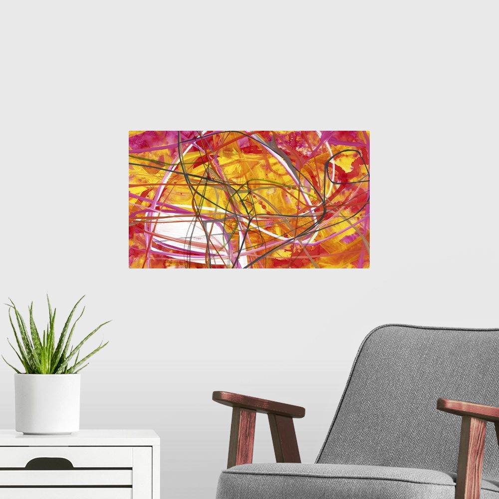 A modern room featuring A contemporary abstract painting of warm tones tangled together in a web of thin strokes against ...