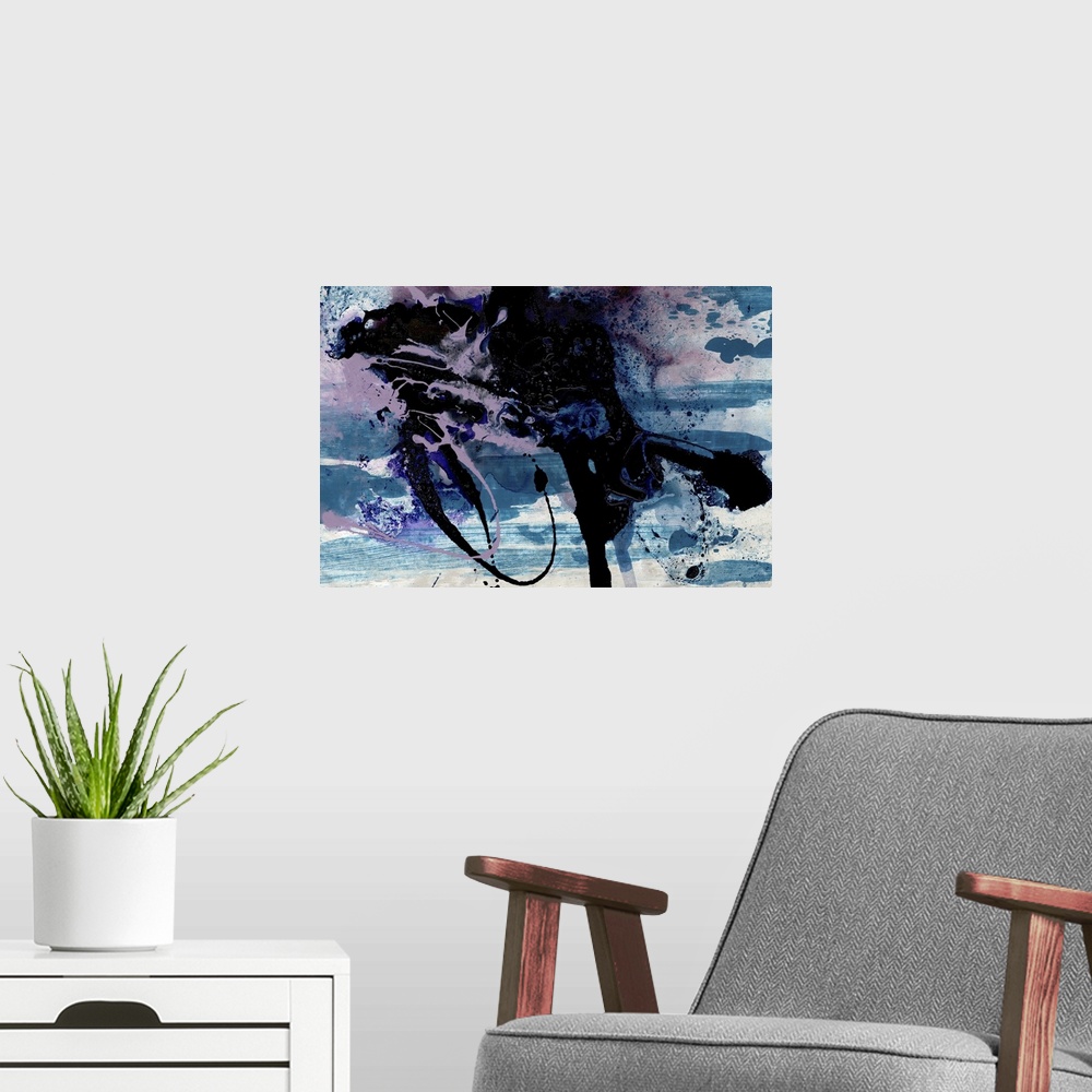 A modern room featuring A contemporary abstract painting of dark black and purple tones with splashes blue swirling aroun...