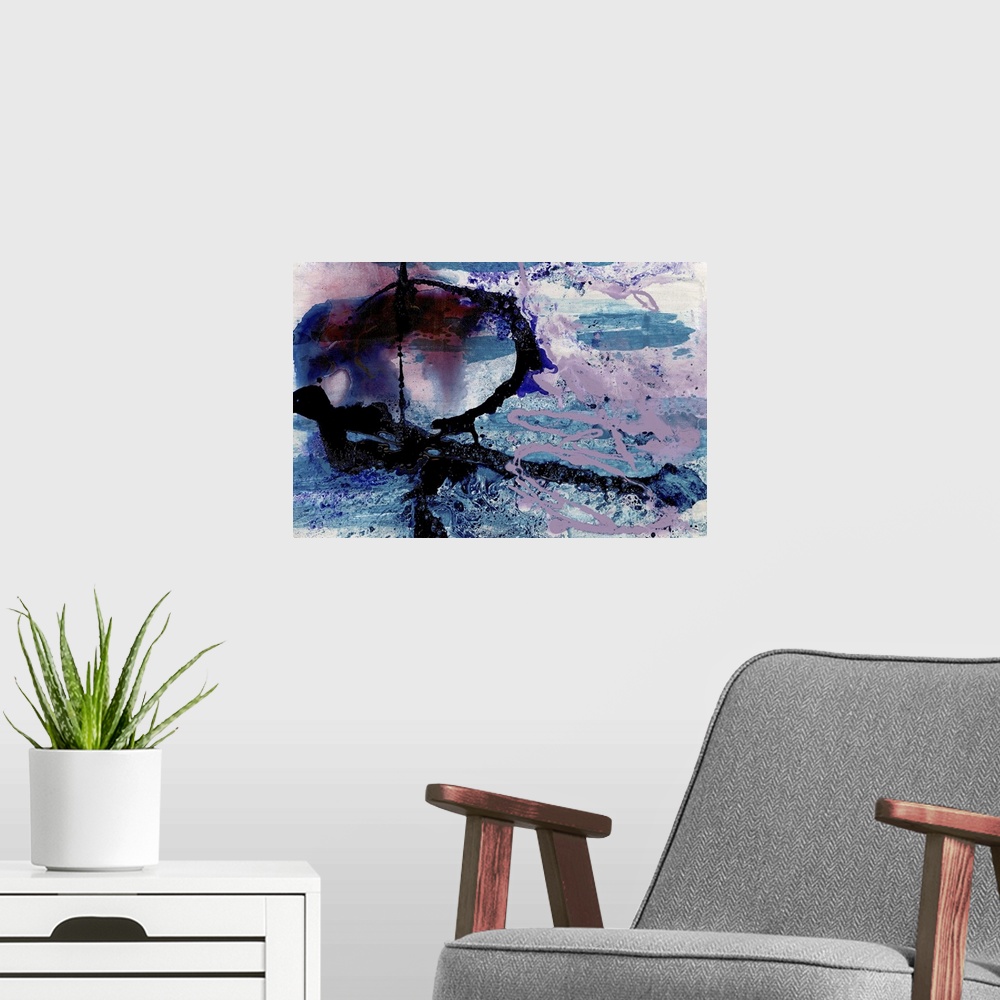 A modern room featuring A contemporary abstract painting of dark black and purple tones with splashes blue swirling aroun...