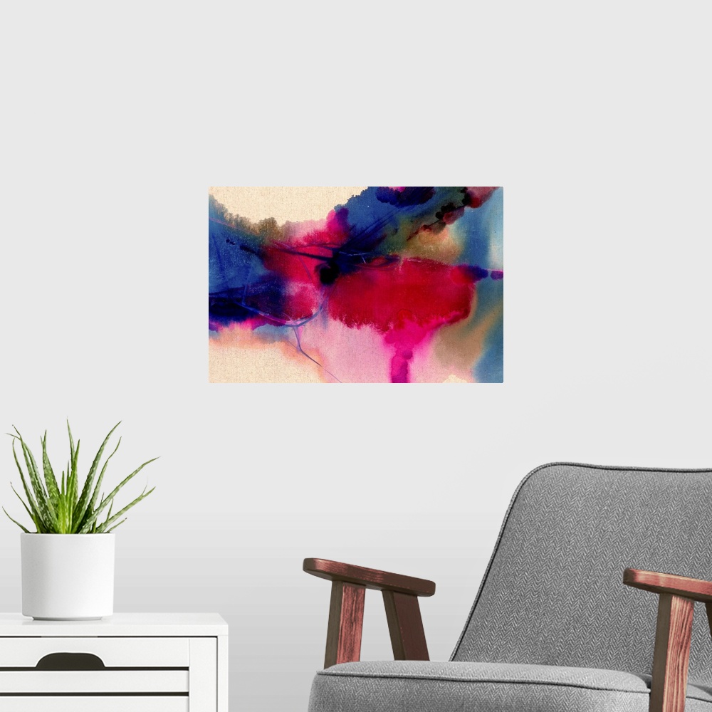 A modern room featuring Contemporary abstract painting in dark blue and magenta tones that appear to seep through the image.
