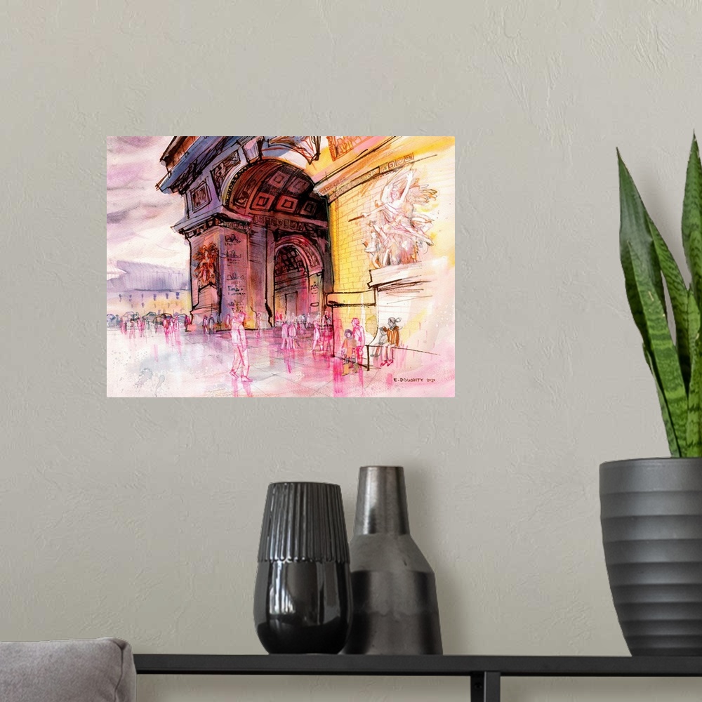 A modern room featuring A capture in watercolor and watersoluble marker of the Arc de Triomphe in Paris.