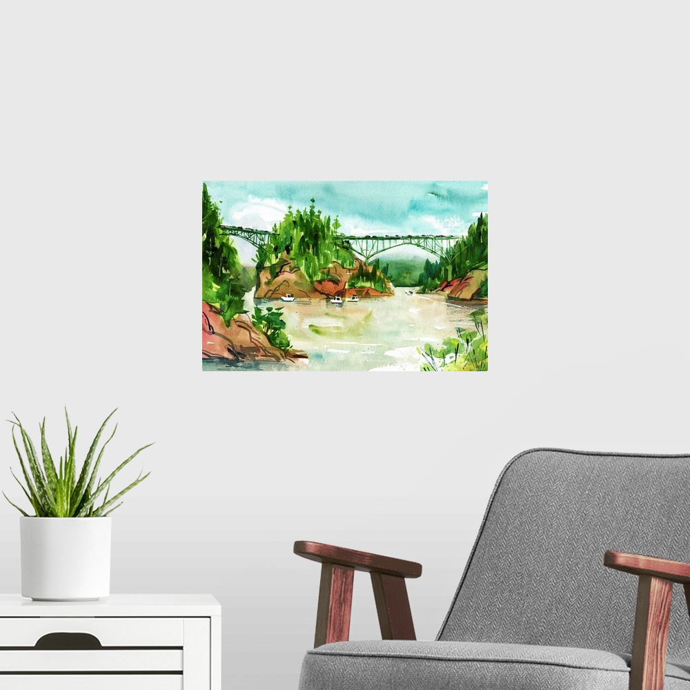 A modern room featuring Watercolor interpretation of the famous bridge over Deception Pass in Washington State, crossing ...
