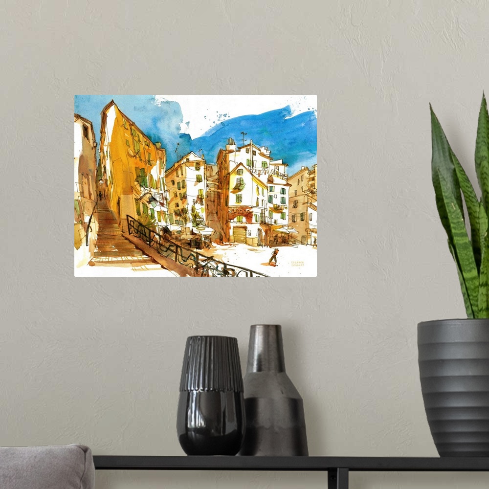 A modern room featuring A typical view of an old Italian piazza in the heat of the afternoon. This one is Piazza del Carm...
