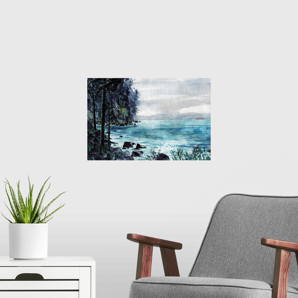 A modern room featuring A typical beautiful Pacific Northwestern landscape of cliffs, trees, barges, and distant shorelin...