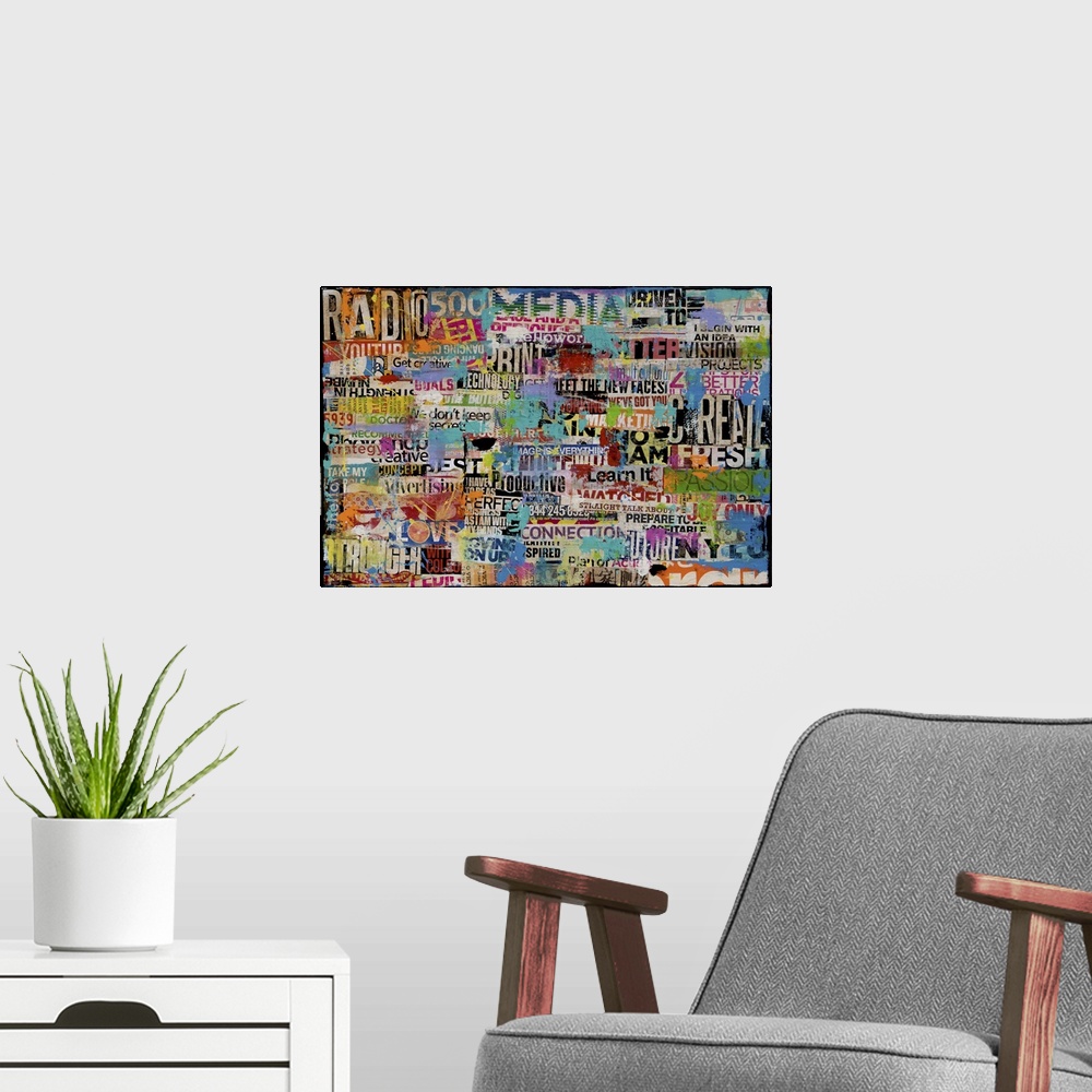 A modern room featuring Contemporary collage painting made of found lettering.